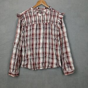 Loft Blouse Top Womens 2XL Multicolor Plaid Ruffle Smocked Yoke Back Keyhole